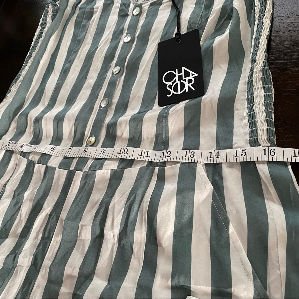 CHASER NWT Green Summer Stripped Button up Jumpsuit Smocked Silky fabric Medium - Picture 4 of 8